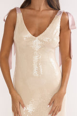 Bellamira Bow Shoulder Maxi Dress Sequin Champagne