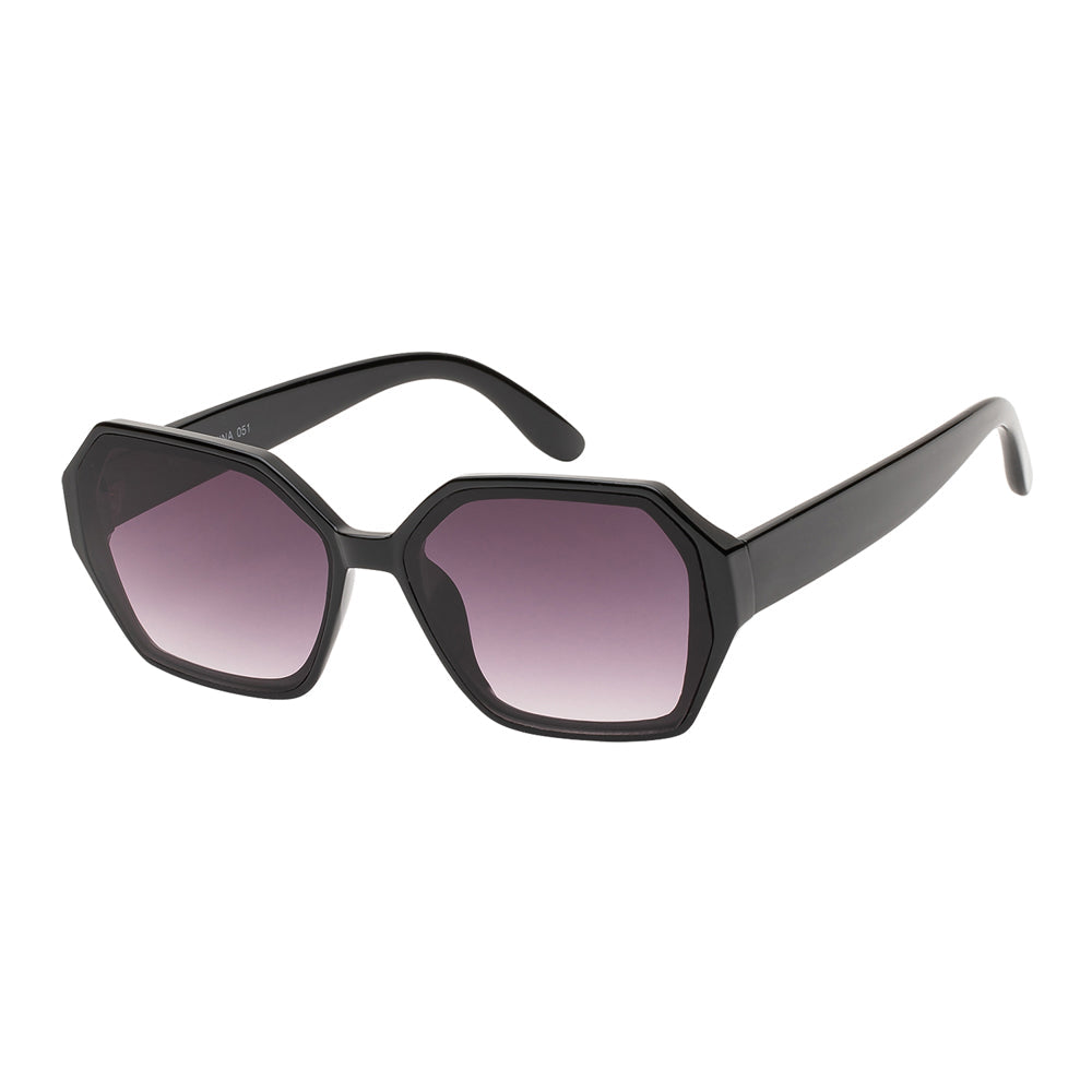 A stylish pair of geometric sunglasses featuring a mixed-metal and plastic design. The frames have a contemporary look suitable for women's fashion. The lenses are dark, offering a sleek appearance, and the overall design is trendy and modern, ideal for new arrivals in a sunglass collection.
