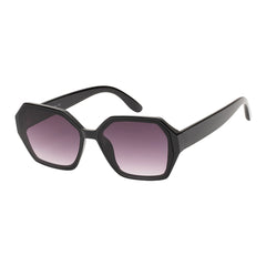 A stylish pair of geometric sunglasses featuring a mixed-metal and plastic design. The frames have a contemporary look suitable for women's fashion. The lenses are dark, offering a sleek appearance, and the overall design is trendy and modern, ideal for new arrivals in a sunglass collection.