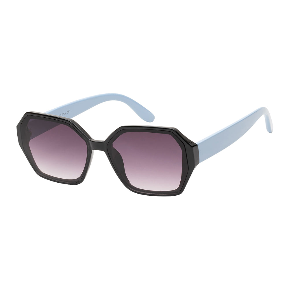 A pair of stylish sunglasses featuring a geometric design, combining mixed-metal and plastic materials. The frame has a modern aesthetic suitable for women's fashion, available as part of a new arrivals collection.