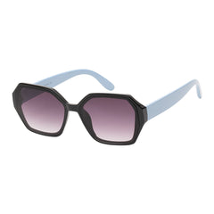 A pair of stylish sunglasses featuring a geometric design, combining mixed-metal and plastic materials. The frame has a modern aesthetic suitable for women's fashion, available as part of a new arrivals collection.