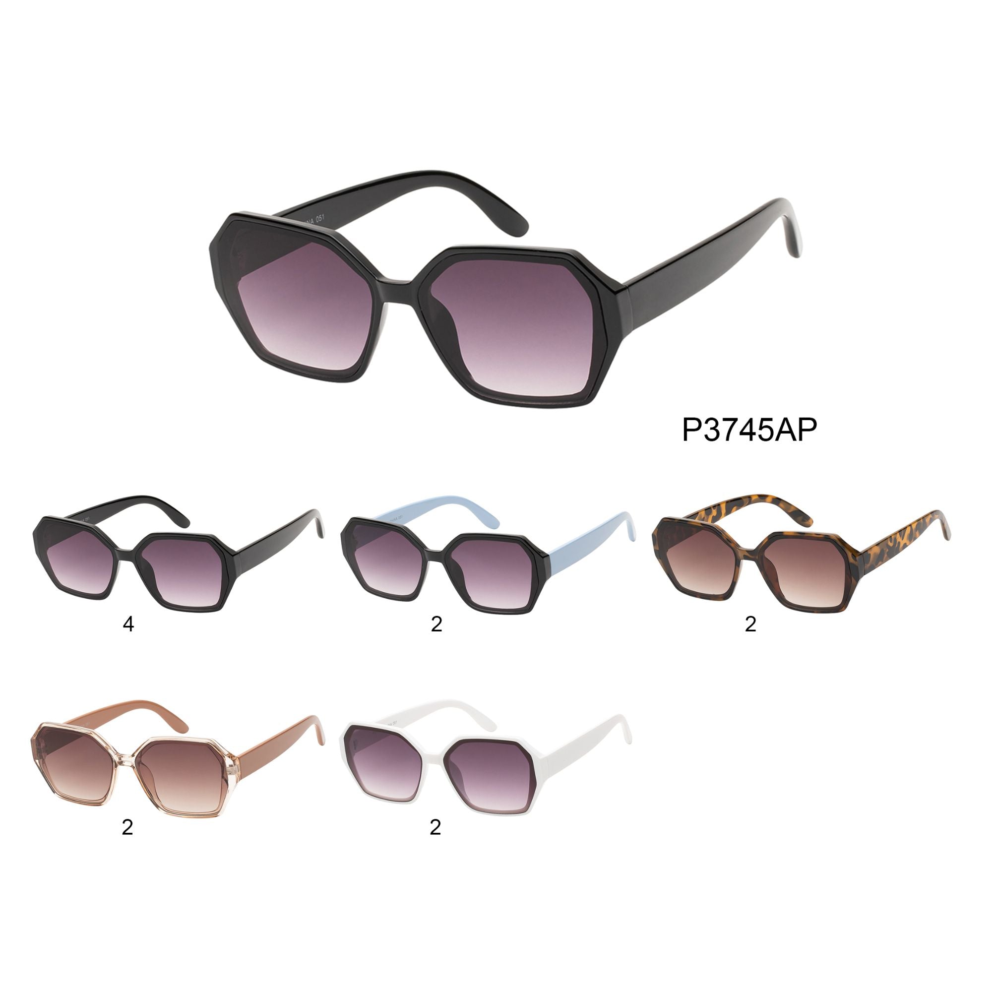 Stylish geometric sunglasses featuring a mixed-metal and plastic design. The frame is sleek and modern, appealing to ladies' fashion trends. Ideal for adding a fashionable touch to any outfit, these sunglasses are part of a new arrivals collection.